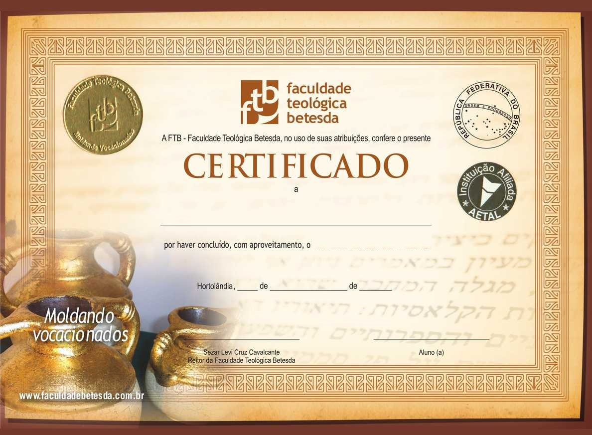 Modelo do certificado da Faculdade Teológica Betesda com selo AETAL